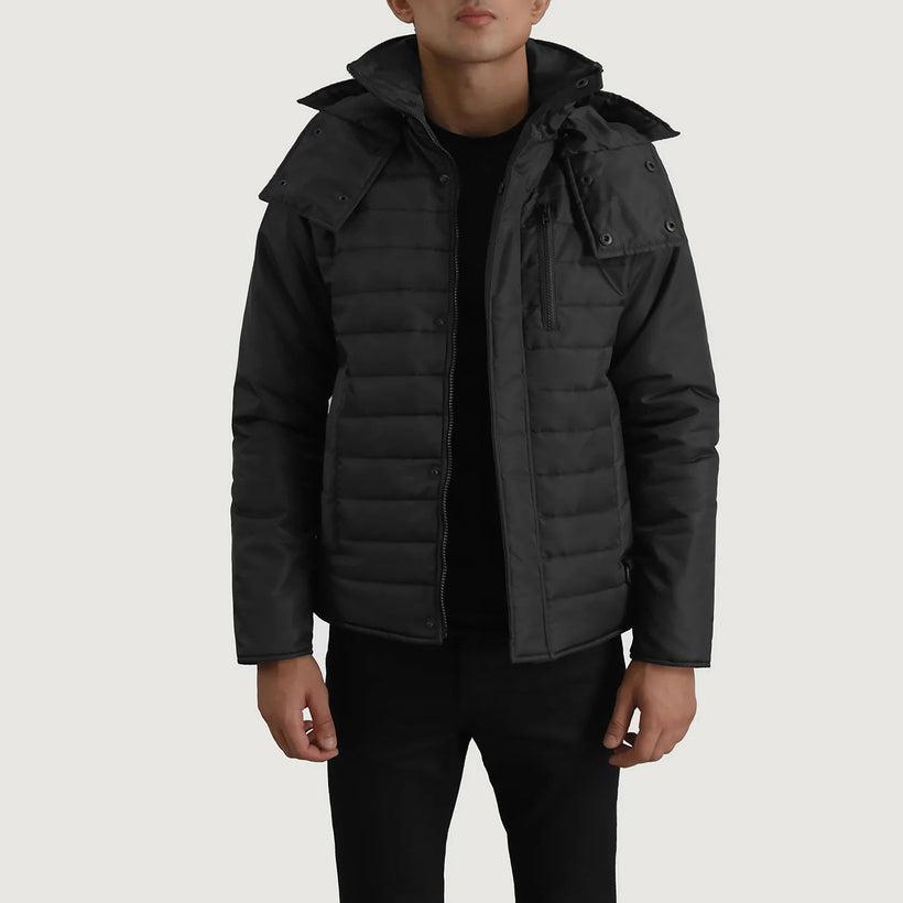 Malcolm 经典黑 Hooded Puffer 真皮夹克 男士