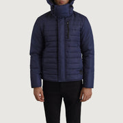 
细节特写 of Classic Collar & Zipper With Placket Hardware on Malcolm 深海蓝 Hooded Puffer 真皮夹克 男士