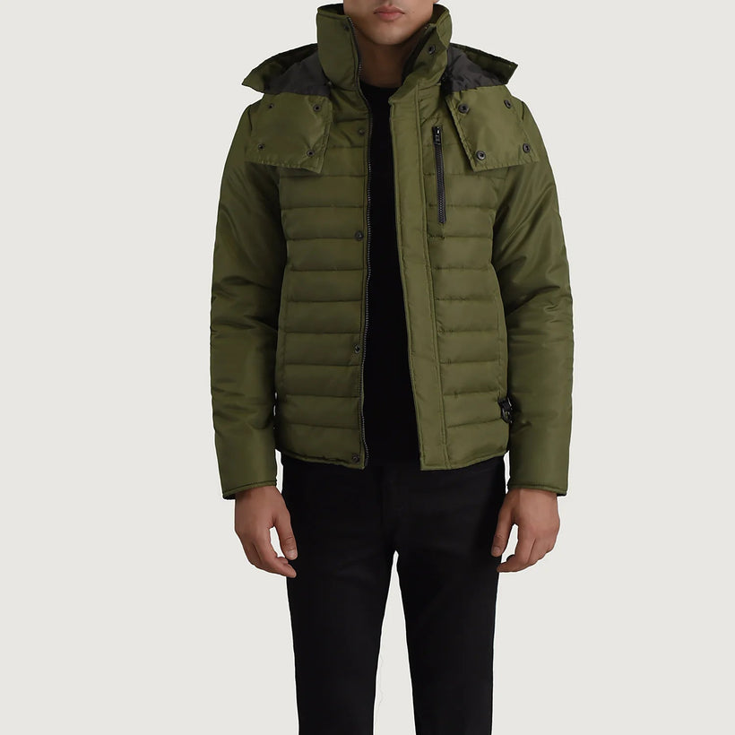 Malcolm 墨绿色 Hooded Puffer 真皮夹克 男士