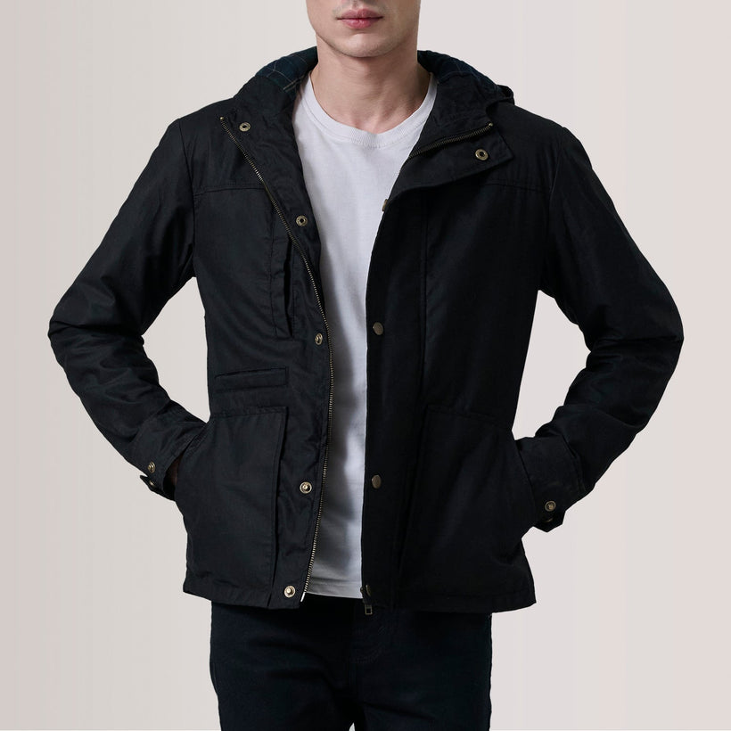 Marlo 黑色 Canvas Hooded Work 真皮夹克 男士
