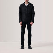 Black Waxed Cotton Canvas Hooded Jacket - Back View Showing Tailored Shoulder Fit &amp; Clean Hemline