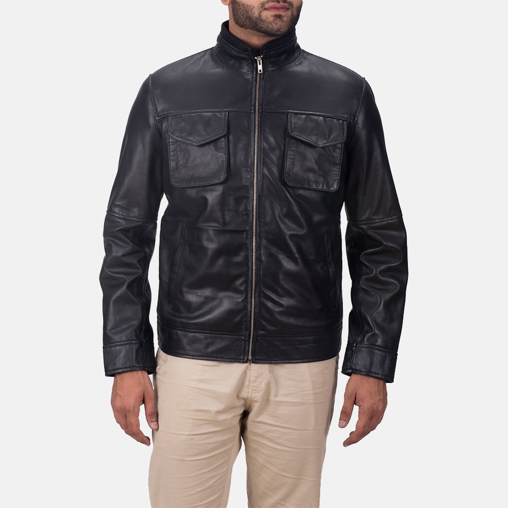 Maurice 黑色 真皮夹克 男士 in Black Sheepskin Leather - Front Profile View &amp; Tailored Silhouette | Buy Online