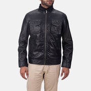 Maurice 黑色 真皮夹克 男士 in Black Sheepskin Leather - Front Profile View &amp; Tailored Silhouette | Buy Online