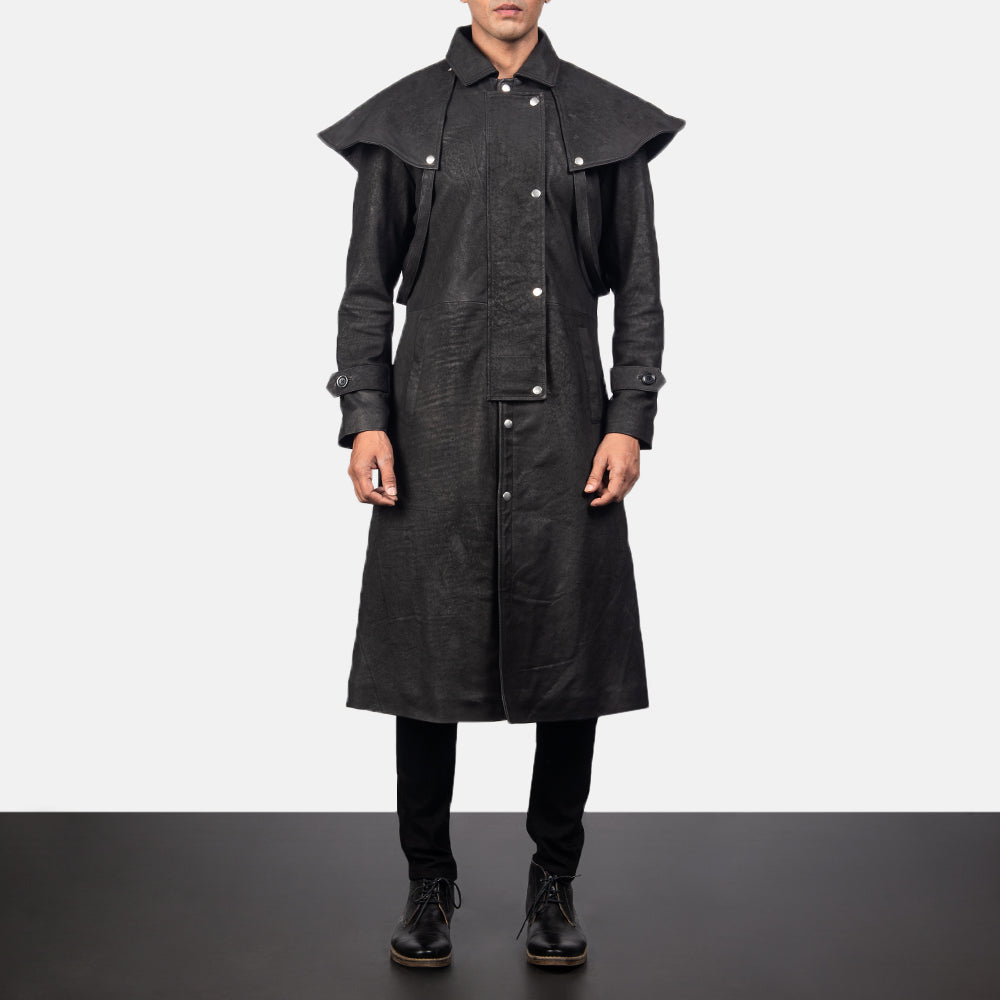 
Maverick 经典黑 Leather Duster 男士 in Distressed Black Sheepskin Snuffed - 正面版型与定制立体剪裁轮廓 | 官方商城选购