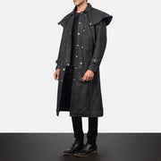 
Distressed Black Sheepskin Snuffed Trench Coat - 展现肩线贴合与利落下摆的背部视角