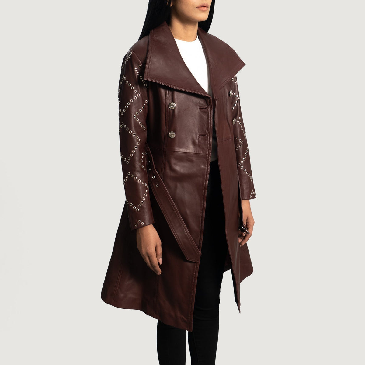 Women's Missoni Maroon 真皮长款风衣 女士 - Lateral Side Profile View Showing Sleeve Cut &amp; Athletic Taper Fit