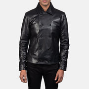 Mod 黑色 Leather Peacoat 男士 in Black Cowhide Leather - Front Profile View &amp; Tailored Silhouette | Buy Online