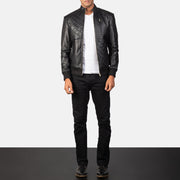 Moda Black Leather Bomber Jacket - Lateral Side Profile View Showing Sleeve Cut &amp; Athletic Taper Fit