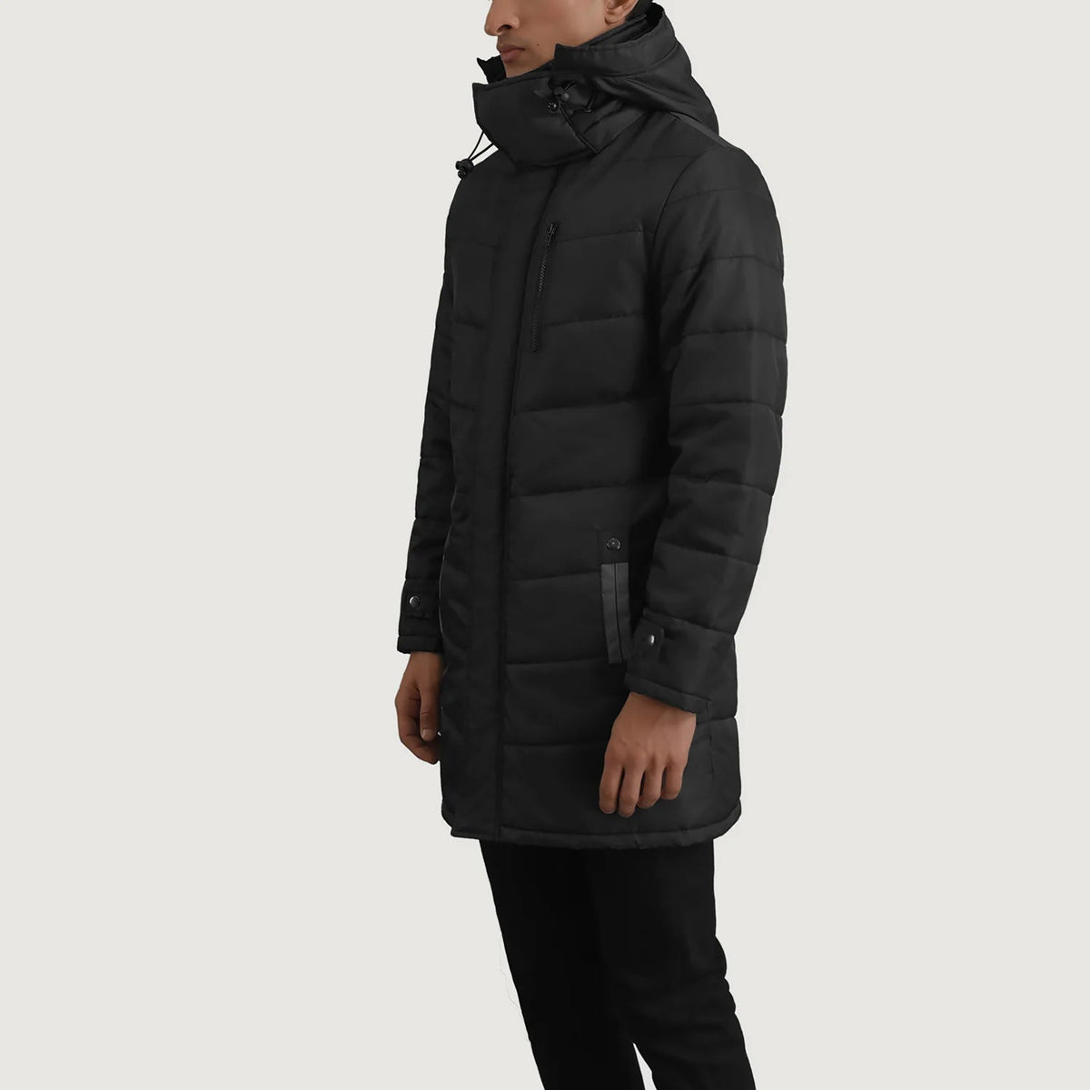 
Black Full-Grain Leather Hooded Jacket - 展现肩线贴合与利落下摆的背部视角