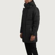 
Black Full-Grain Leather Hooded Jacket - 展现肩线贴合与利落下摆的背部视角