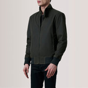 Morrison Olive Canvas 真皮飞行员夹克 男士 For Men - Lateral Side Profile View Showing Sleeve Cut &amp; Athletic Taper Fit