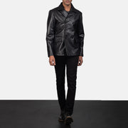 Men's Mr. Bailey 黑色 Leather Naval Peacoat 男士 - Lateral Side Profile View Showing Sleeve Cut &amp; Athletic Taper Fit