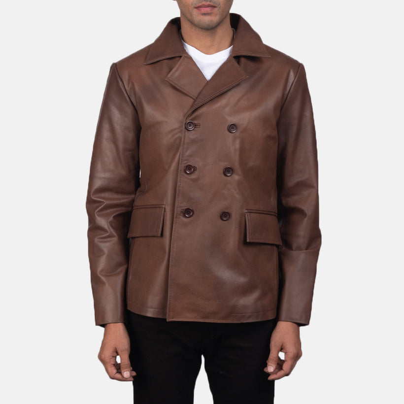 Mr. Bailey 棕色 Leather Naval Peacoat 男士