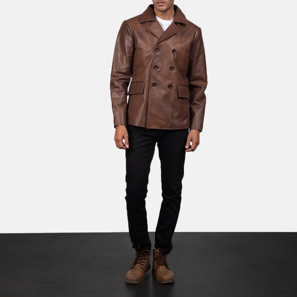 
Mr. Bailey 复古棕 Leather Naval Peacoat 男士 - 展现立体袖型与合身版型的侧身视角