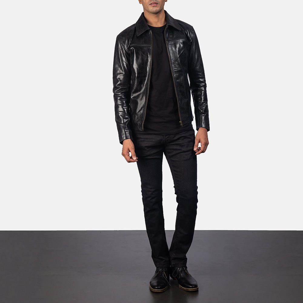 Close-Up Detail of Shirt & Zipper Hardware on Men's Mystical Black Leather Jacket