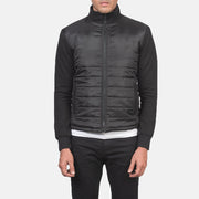 
细节特写 of High Neck & Zipper with wind flap Hardware on Nashville 菱格压线 经典黑 Windbreaker 真皮夹克 男士