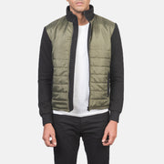 Men's Nashville Quilted Green Windbreaker 真皮夹克 男士 in Green &amp; Black Nylon (Torso) &amp;Amp; Knitted Fabric (Sleeves) - Front Profile View &amp; Tailored Silhouette | Buy Online