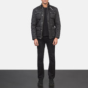 Men's Nelson Quilted 黑色 Windbreaker 真皮夹克 男士 - Lateral Side Profile View Showing Sleeve Cut &amp; Athletic Taper Fit