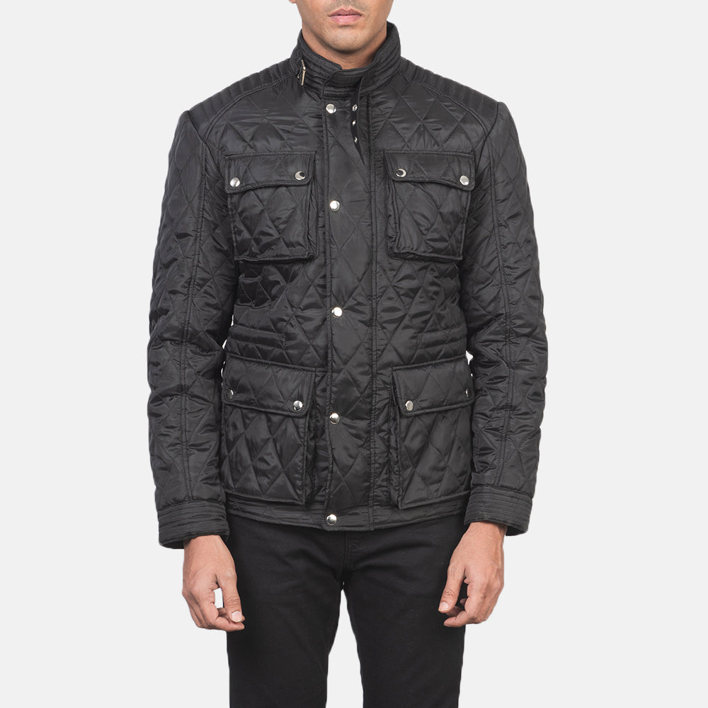 细节特写 of Belted Band & Zipper with Front Button Flap Hardware on Nelson Quilted Black Windbreaker Jacket