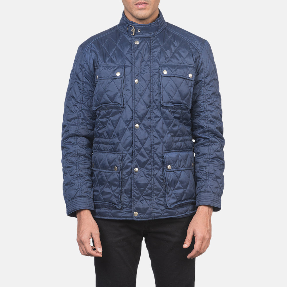 Men's Nelson Quilted Blue Windbreaker 真皮夹克 男士 - Lateral Side Profile View Showing Sleeve Cut &amp; Athletic Taper Fit