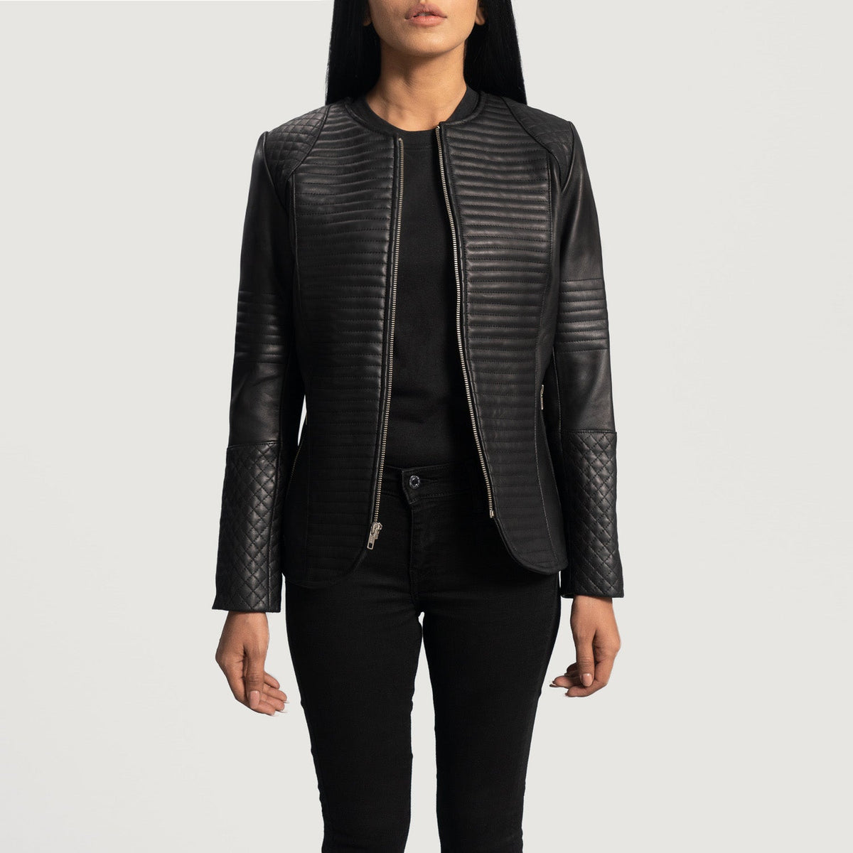 Open Hem &amp; Hem Craftsmanship Construction Detail on Women's Nexi Quilted Maroon Leather Jacket