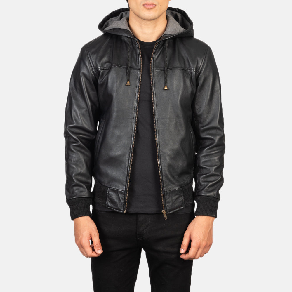 
Nintenzo Black Hooded Leather Jacket in Black Sheepskin Leather - 正面版型与定制立体剪裁轮廓 | 官方商城选购