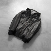 
Rib knit & Hem Craftsmanship Construction Detail on Nintenzo Black Hooded Leather Jacket