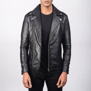 
Noah Black Leather Biker Jacket in Black Sheepskin Leather - 正面版型与定制立体剪裁轮廓 | 官方商城选购