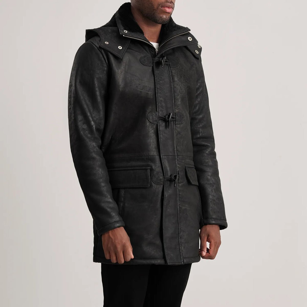 Distressed Black Sheepskin Snuffed Hooded Jacket - Back View Showing Tailored Shoulder Fit &amp; Clean Hemline