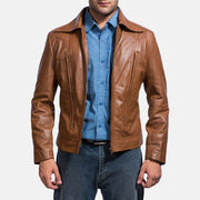 Old School 棕色 真皮夹克 男士 in Brown Sheepskin Leather - Front Profile View &amp; Tailored Silhouette | Buy Online