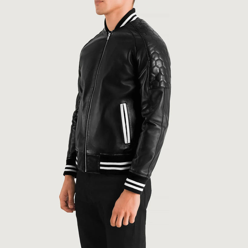 Pascal 黑色 Leather Varsity 真皮夹克 男士