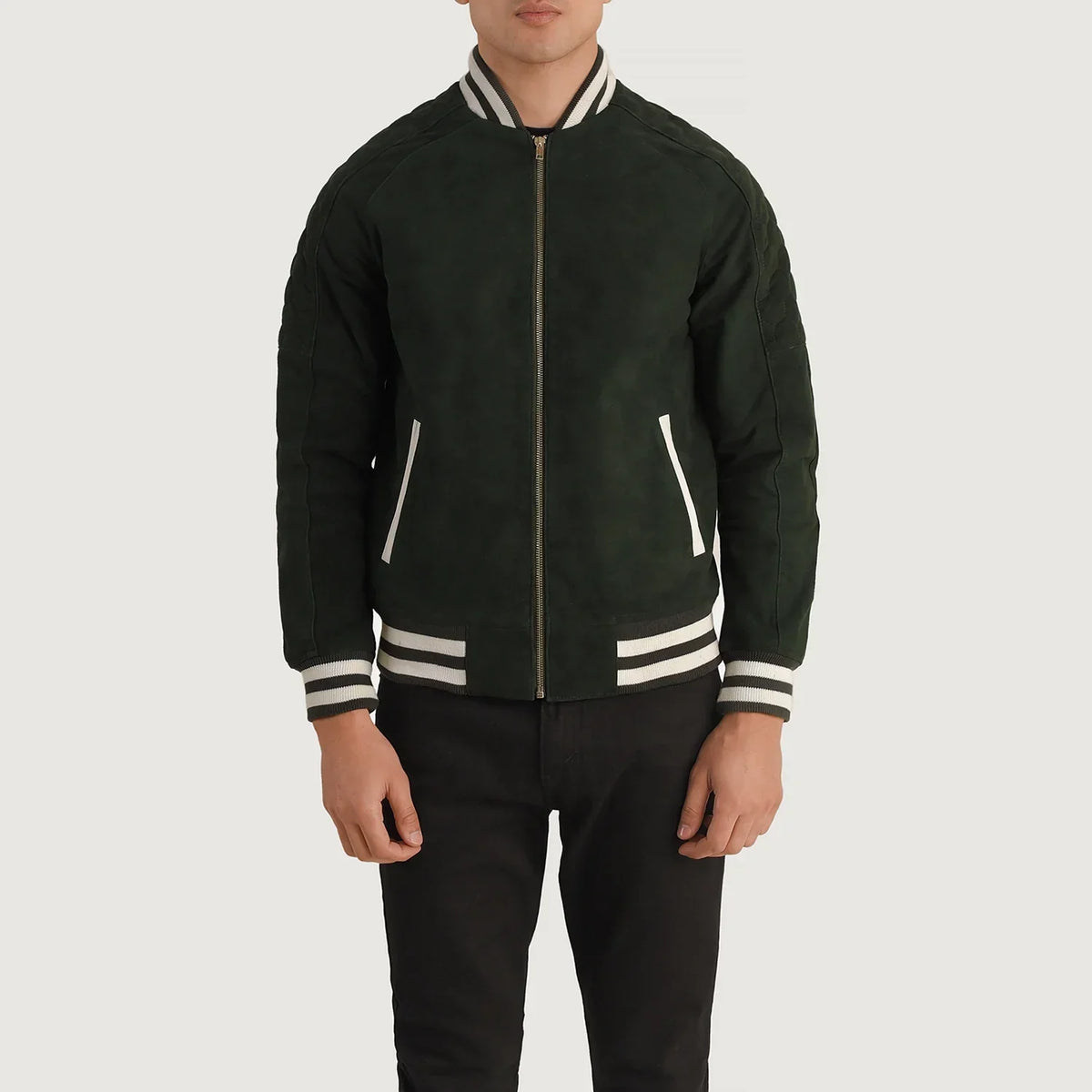 Close-Up Detail of Varsity collar &amp; Zipper Hardware on Pascal Green Suede Varsity 真皮夹克 男士