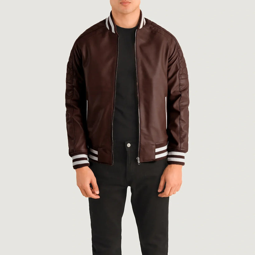 Pascal Maroon Leather Varsity 真皮夹克 男士