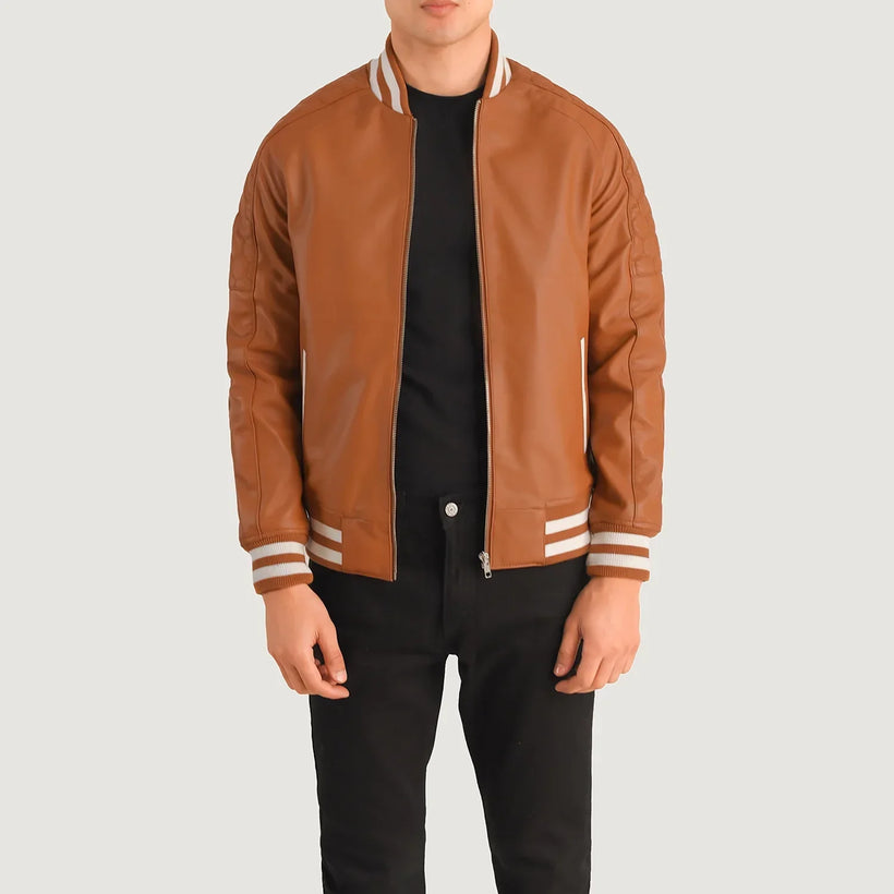 Pascal 浅褐色 棕色 Leather Varsity 真皮夹克 男士