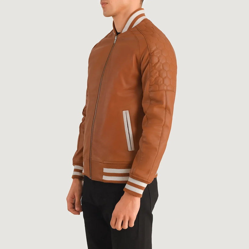 Pascal 浅褐色 棕色 Leather Varsity 真皮夹克 男士