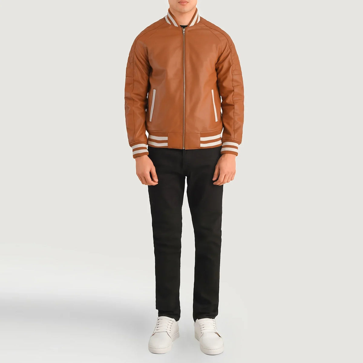 Pascal 浅褐色 棕色 Leather Varsity 真皮夹克 男士 - Lateral Side Profile View Showing Sleeve Cut &amp; Athletic Taper Fit