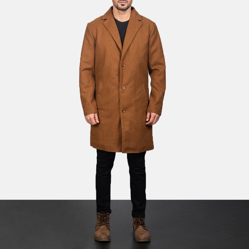 Petrillo Khaki Wool Single Breasted 真皮大衣 男士
