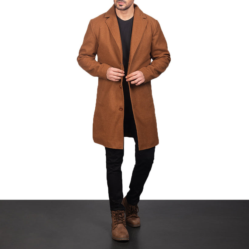 Petrillo Khaki Wool Single Breasted 真皮大衣 男士