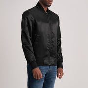 
Black Satin Bomber Jacket - 展现肩线贴合与利落下摆的背部视角