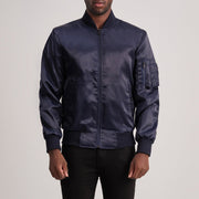 Quinton MA-1 Blue 真皮飞行员夹克 男士 in Blue Satin - Front Profile View &amp; Tailored Silhouette | Buy Online