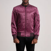 Quinton MA-1 Maroon 真皮飞行员夹克 男士 in Maroon Satin - Front Profile View &amp; Tailored Silhouette | Buy Online