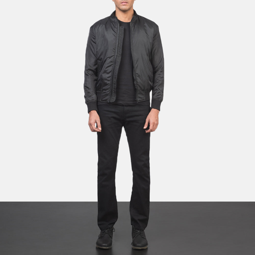 Men's Ramon 黑色 真皮飞行员夹克 男士 - Lateral Side Profile View Showing Sleeve Cut &amp; Athletic Taper Fit