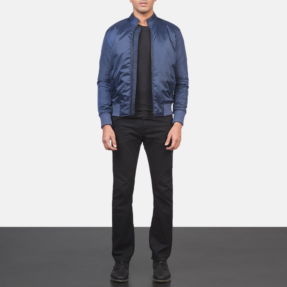 Men's Ramon Blue 真皮飞行员夹克 男士 - Lateral Side Profile View Showing Sleeve Cut &amp; Athletic Taper Fit
