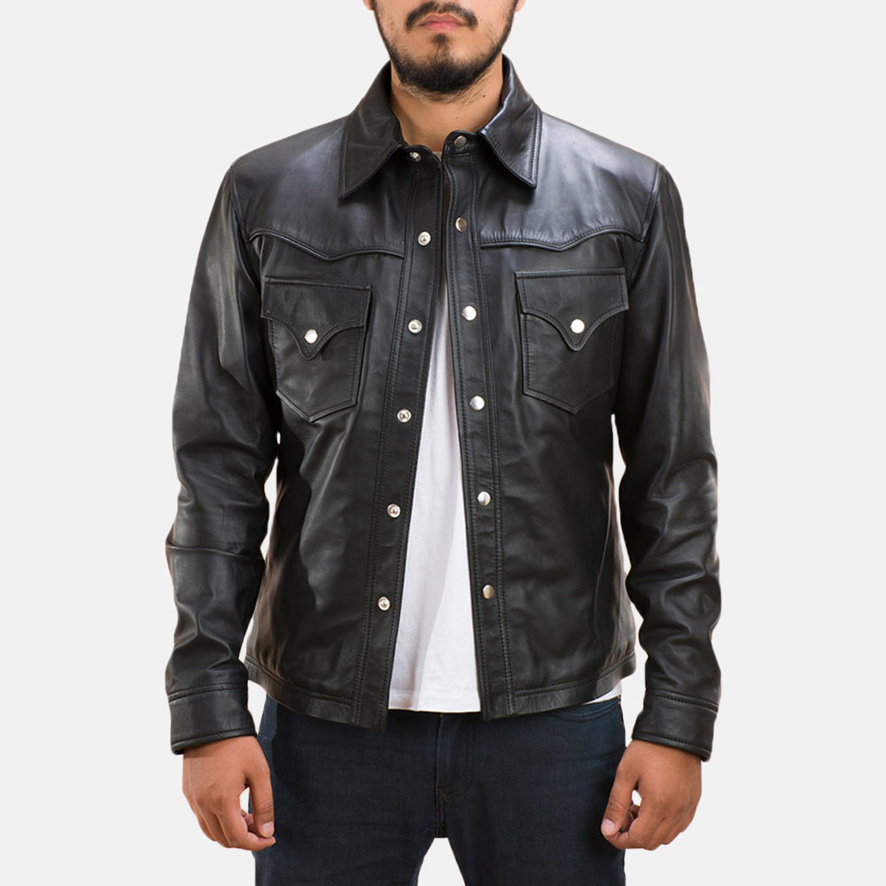 Men's Ranchson 黑色 Leather Shirt 男士 in Black Sheepskin Leather - Front Profile View &amp; Tailored Silhouette | Buy Online
