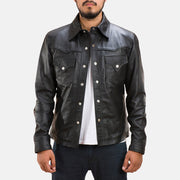 Men's Ranchson 黑色 Leather Shirt 男士 in Black Sheepskin Leather - Front Profile View &amp; Tailored Silhouette | Buy Online