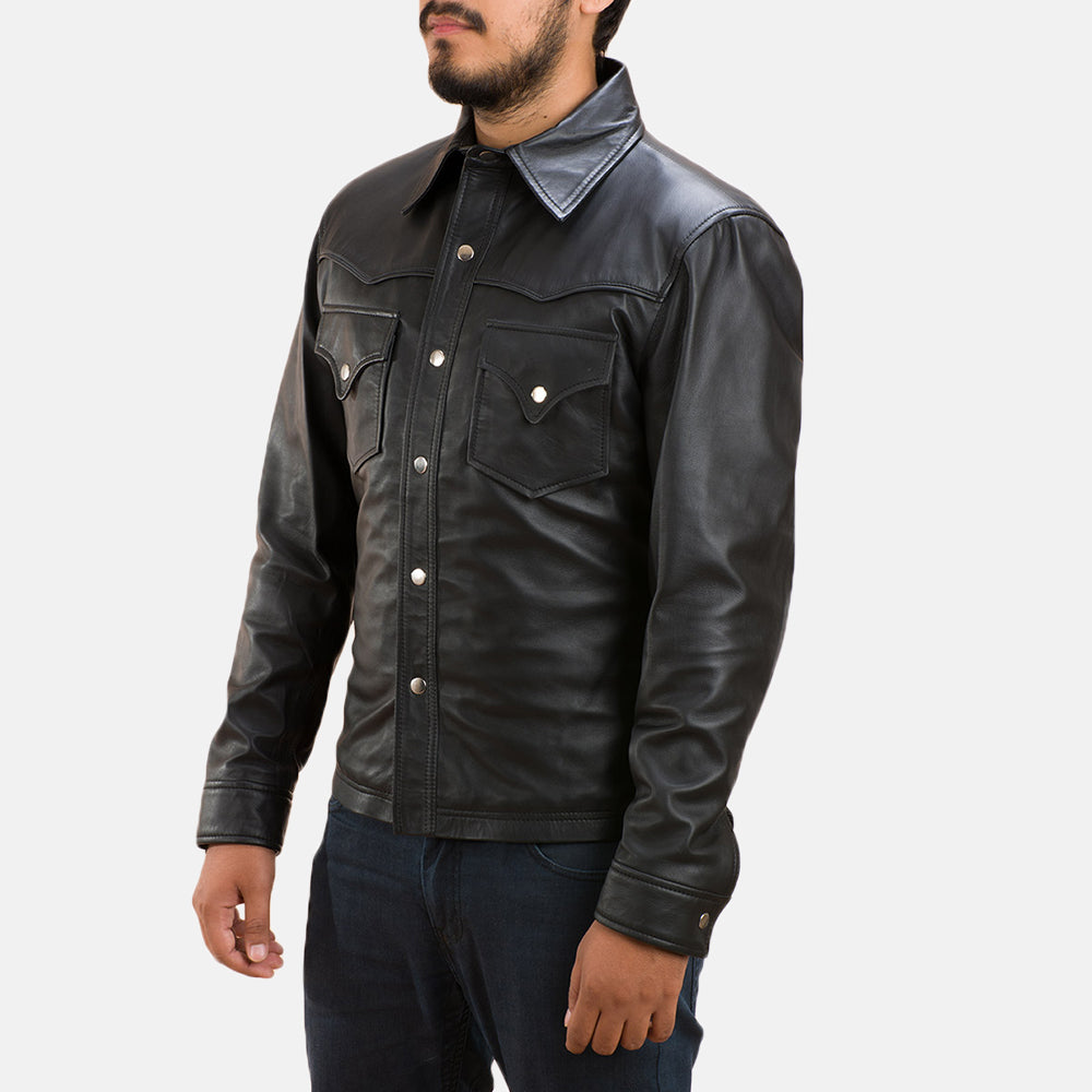 Men's Ranchson 黑色 Leather Shirt 男士 - Lateral Side Profile View Showing Sleeve Cut &amp; Athletic Taper Fit