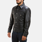 Men's Ranchson 黑色 Leather Shirt 男士 - Lateral Side Profile View Showing Sleeve Cut &amp; Athletic Taper Fit