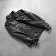 Button &amp; Hem Craftsmanship Construction Detail on Men's Ranchson 黑色 Leather Shirt 男士