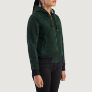 
Green Goatskin Suede Bomber Jacket - 展现肩线贴合与利落下摆的背部视角