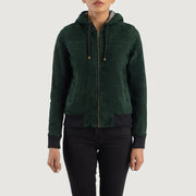 
细节特写 of Hooded & Zipper Hardware on Rebella Green Hooded Suede Bomber Jacket